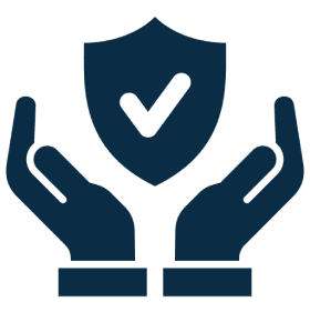 Hands holding shield with checkmark icon.