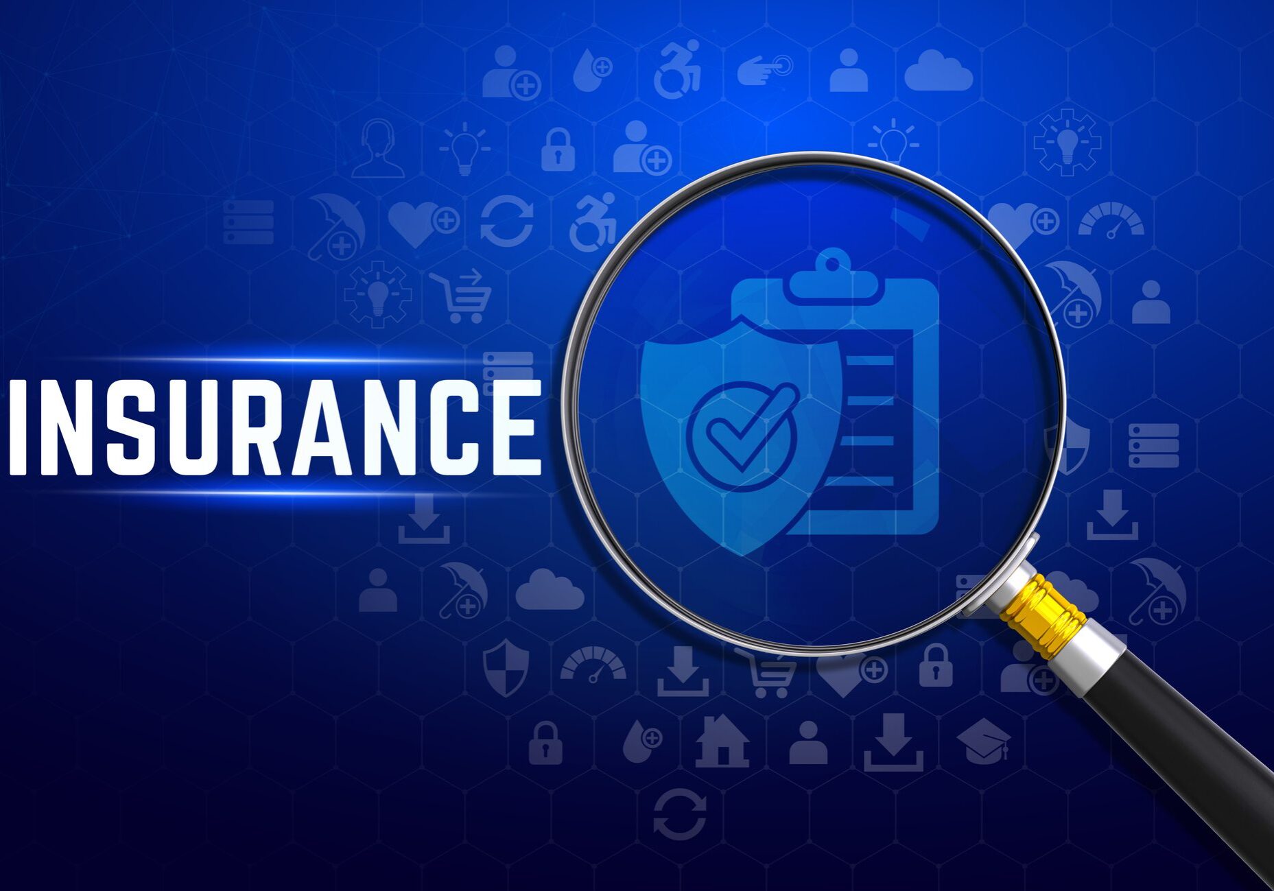Magnifying glass over insurance icon and text.
